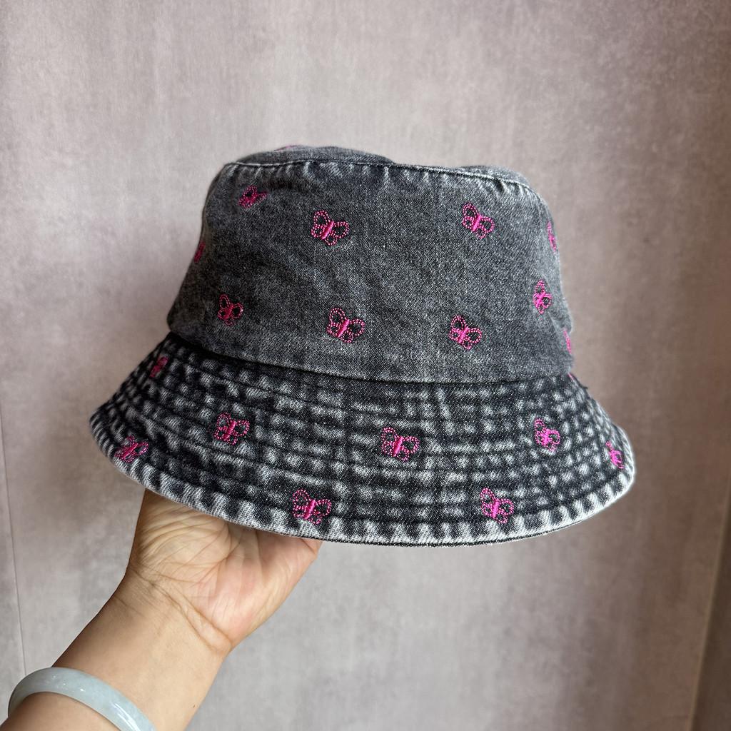 Bucket Summer Sunshade Hat Cotton Denim Material And Embroidered Cartoon Women
