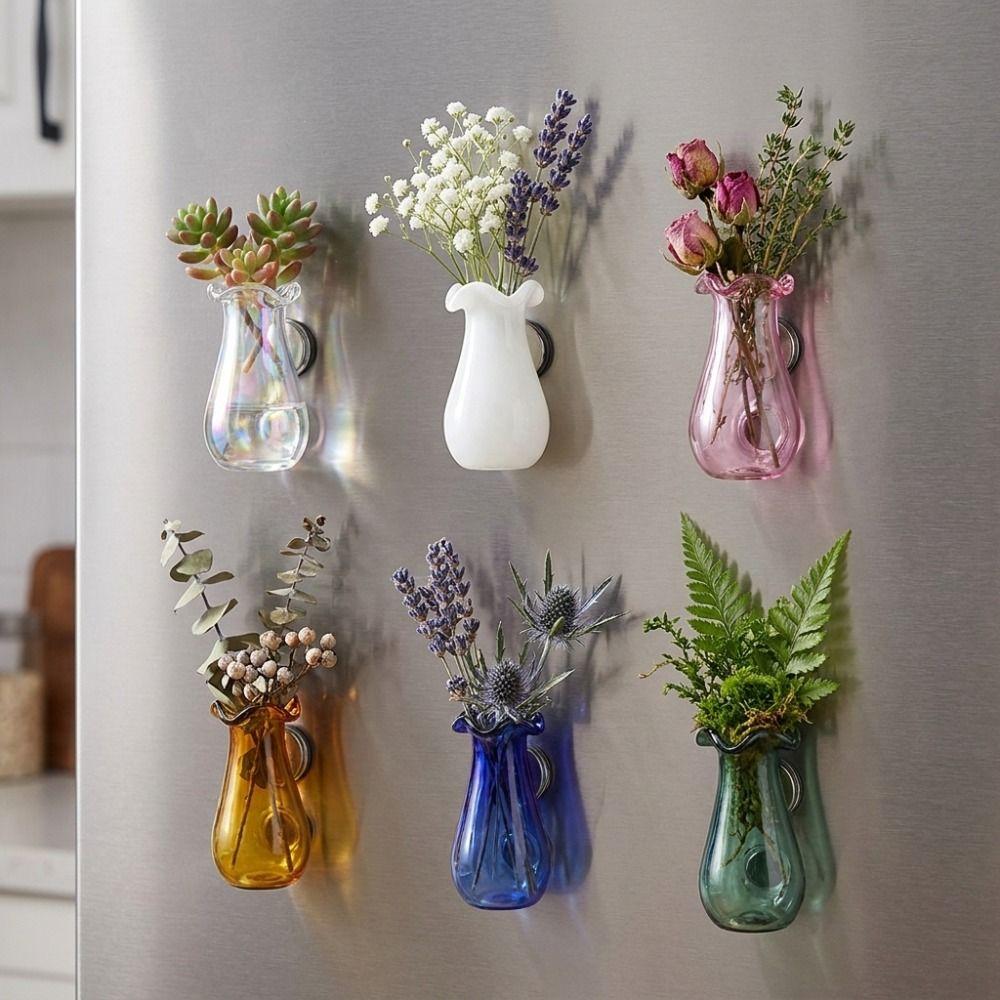 6Pcs DIY 3D Mini Vase Magnets Modern Exquisite Magnetic Glass Vases Funny Artistic Plant Propagation Station Kitchen Decor