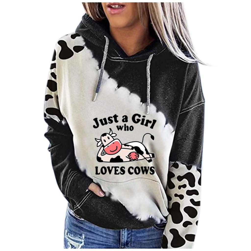 Camicie casual da donna con stampa mucca carina, manica lunga, girocollo, girocollo
