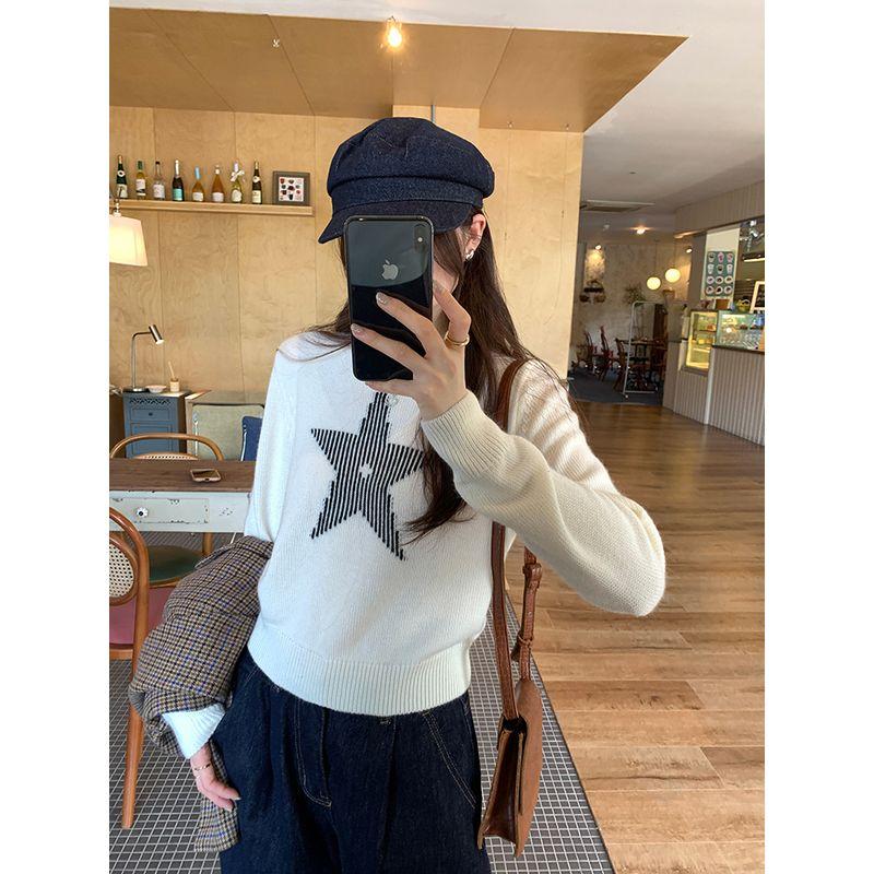 Kumikumi Sweet Style XINGX Print Round Neck Temperament Long Sleeve Knitwear Women's Clothing Autumn Loose All-Matching Top