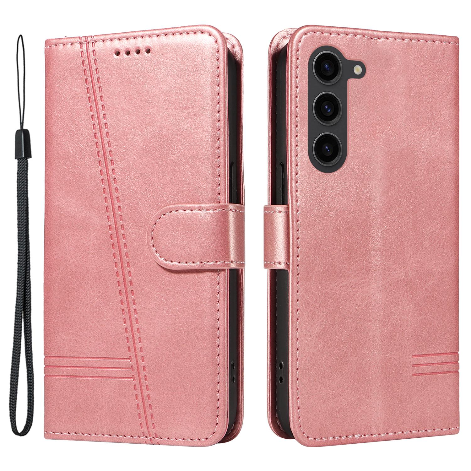 

For Samsung Galaxy S23 Case Wallet Flip Leather Phone Cover T-Shaped Lines Rose Gold