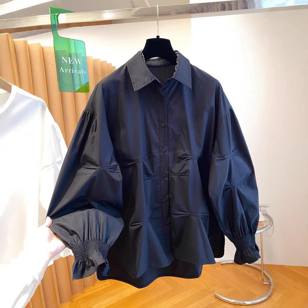 White Lantern Sleeve Shirt Women's 1116 Spring Pleated Shirt Design Sense Niche Loose Doll Shirt Long Sleeve Top