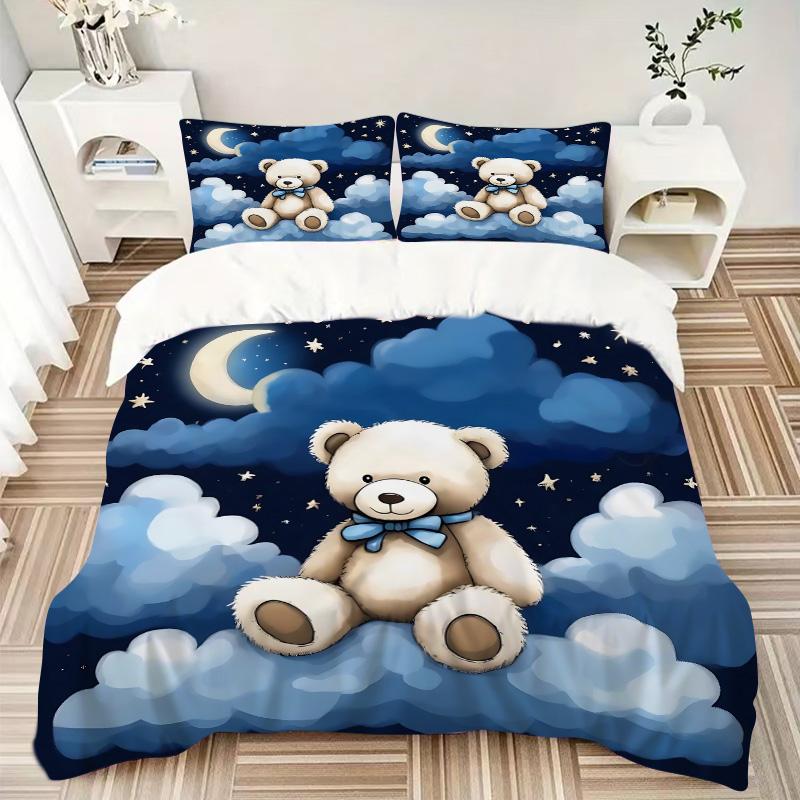 Teddy Bear Clouds Print 3Pcs Bedding Setduvet Cover With 2 Bedropillowcase Home Birthday Gift
