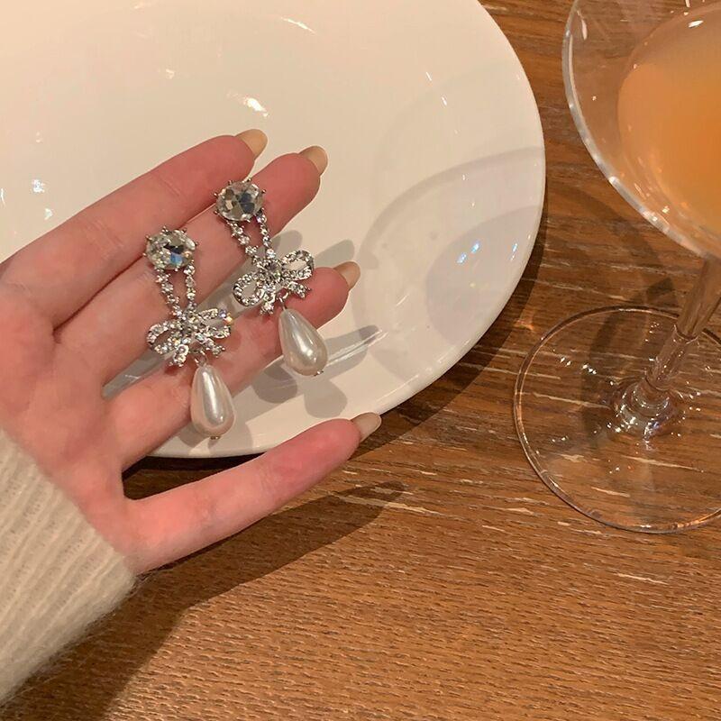 New Bow Sparkling Diamond Pearl Earrings Femininity Retro Premium Earrings Silver Needle Earrings Annual Trend