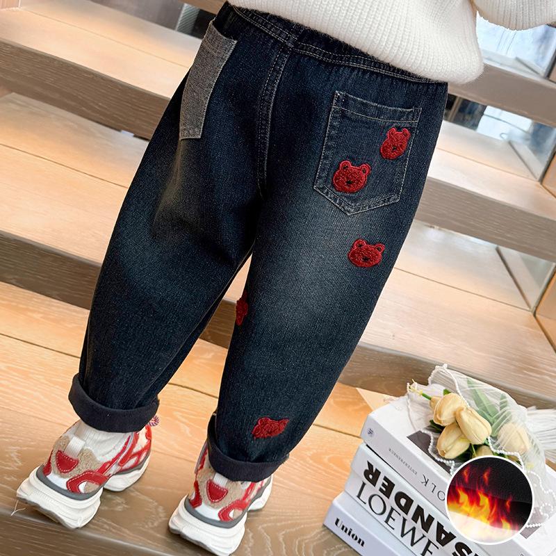 

Baby Girls Fleece-Lined Winter Jeans - Thickened One-Piece Warm Casual Pants for Children 90 cm черный серый