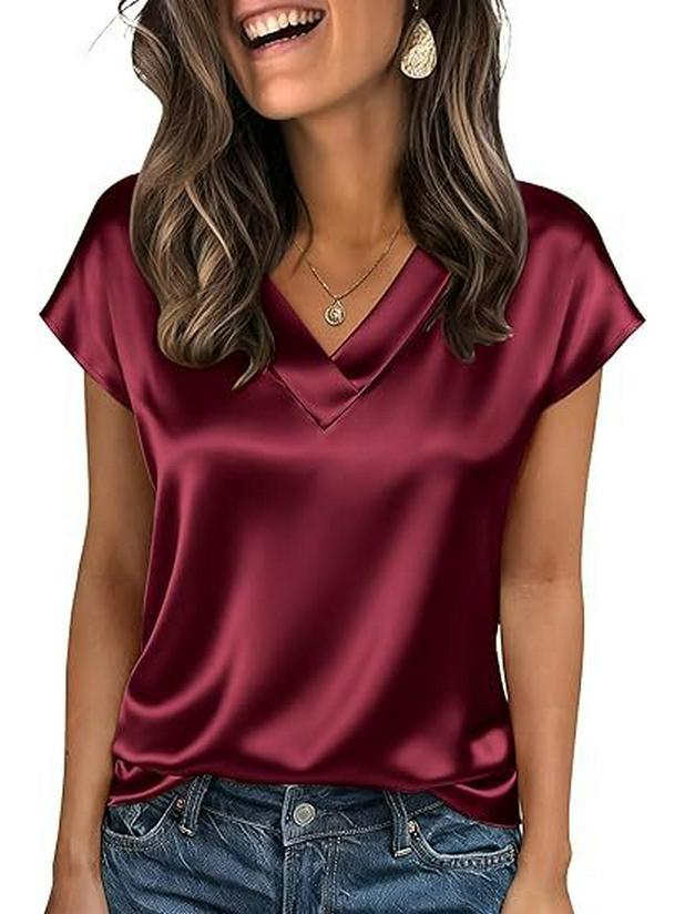 2026 Vår/Sommar Elegant Silke V-ringad Kortärmad Dam T-shirt