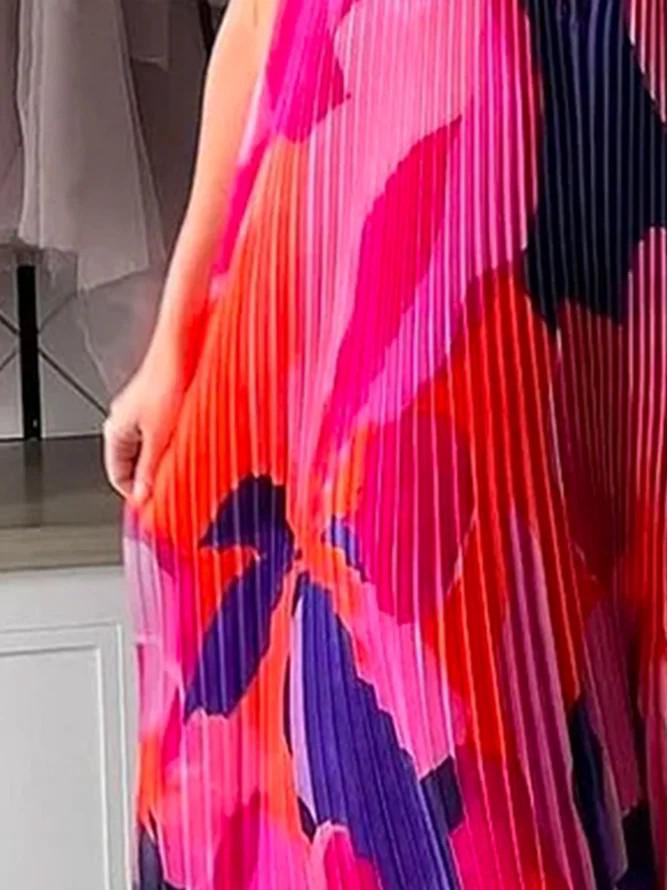 Sommer Neckholder Tiefes V Rückenfrei Ärmellos Floral Plissiertes Schwingkleid