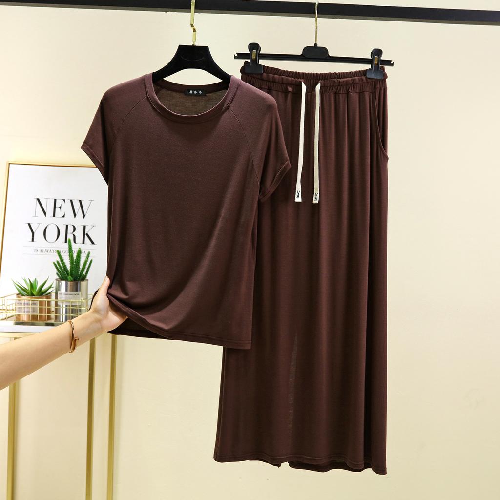 Modal Rundhals Kurzarm T-Shirts und Langer Rock Übergröße Loungewear 2-teiliges Set Lockere Mode Kleidersets Damen passendes Set
