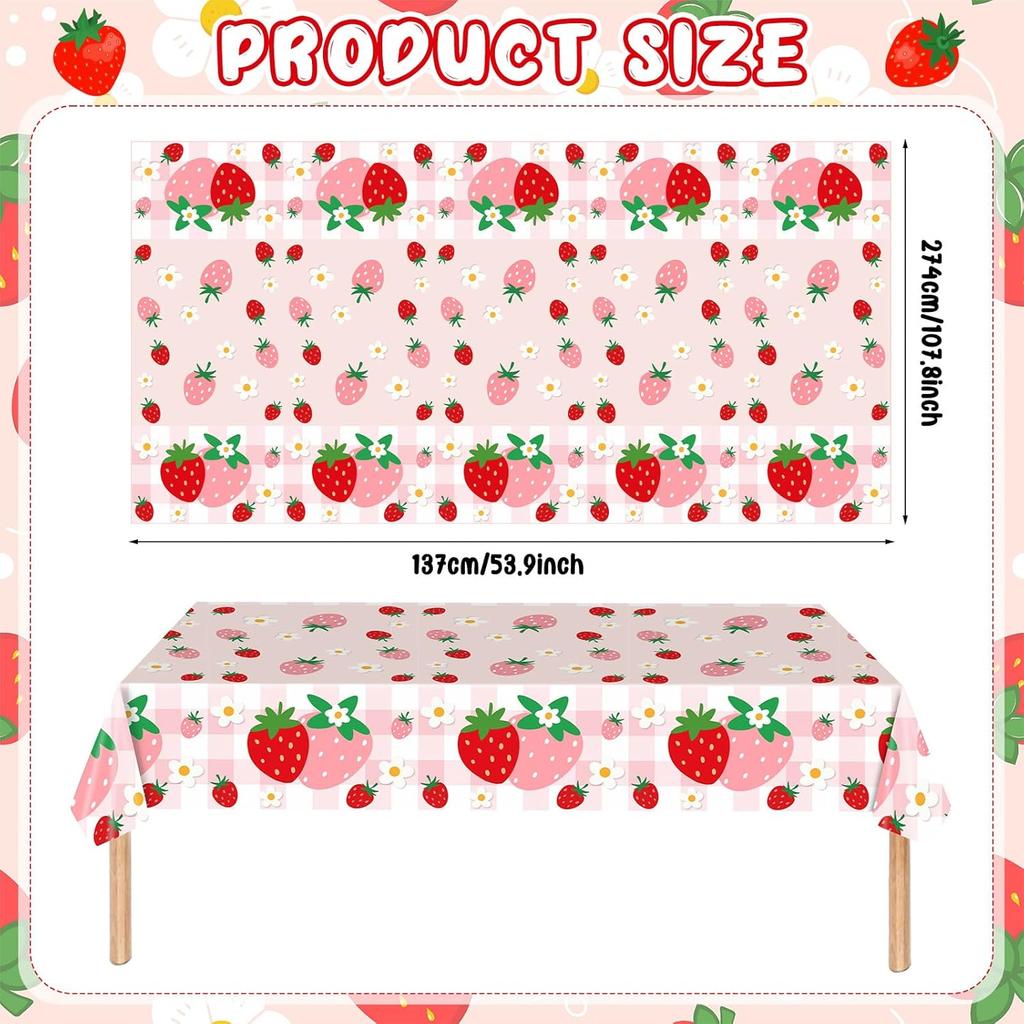 2 Pcs Strawberry Tablecloth, 54 x 108 Inch Pink Plaid Checkered Strawberry Tablecloth, Gingham Berry Sweet One Table Covers for Baby Shower, Berry