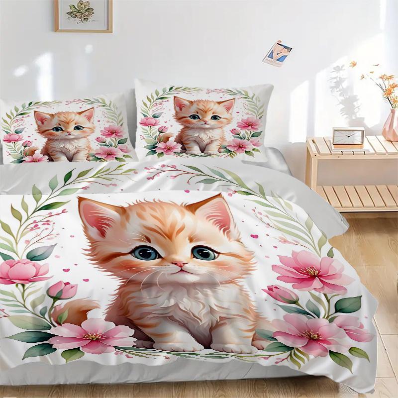 3pcs Cats & Flowers Pattern Bedding Three-Piece Set (1 Cover + 2 Pillowcases, No Fillings), This Printed Bedding Set Is Soft and Comfortable, Sui