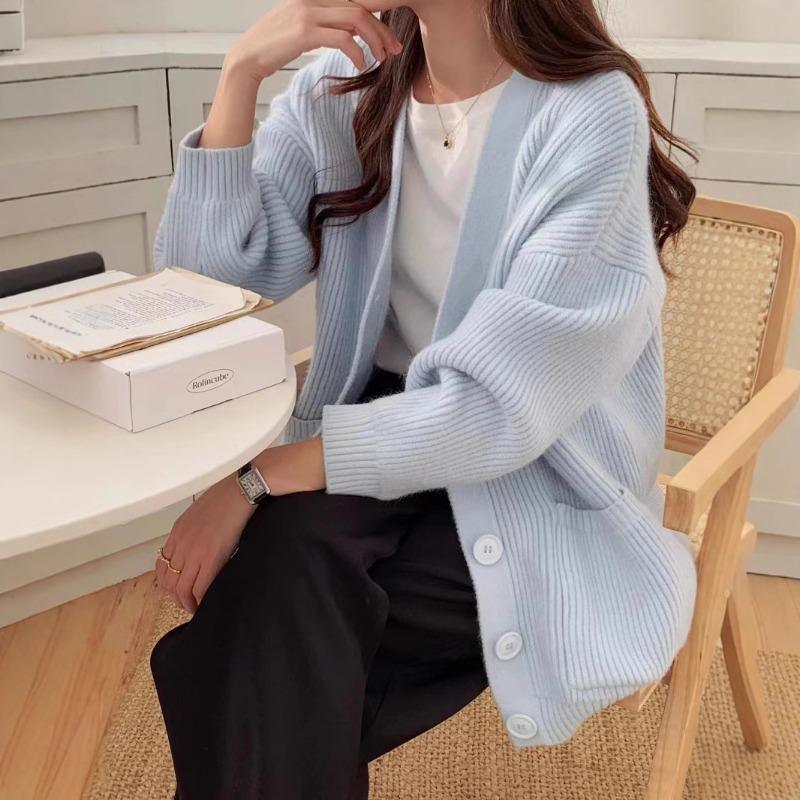 Loose and lazy wind V-neck sweater cardigan women's autumn and winter simple solid color versatile medium and long knitted jacket women