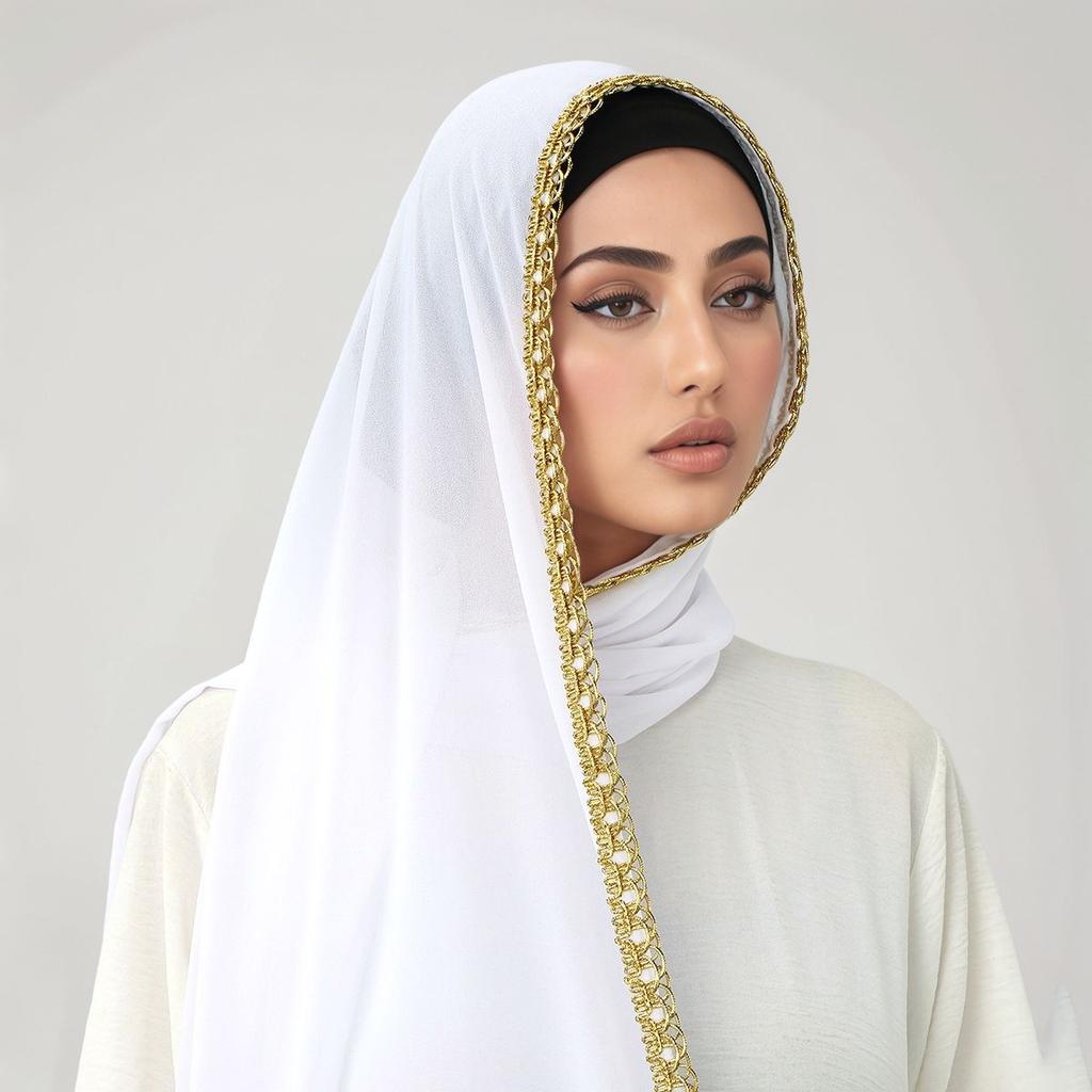 Premium Chiffon Hijab Scarf Women Muslim Hijabs Shawl Shinny Golden Rippled Edge Long Wraps Headband Bandanas Scarves Turbante