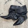 Mode Liyke Svart Aprikos Mocka Låg Kittenklack Westernstövlar Kvinna Spetsig Tå Slip On Plisserad Ankelstövel Damer Party Pumps Skor