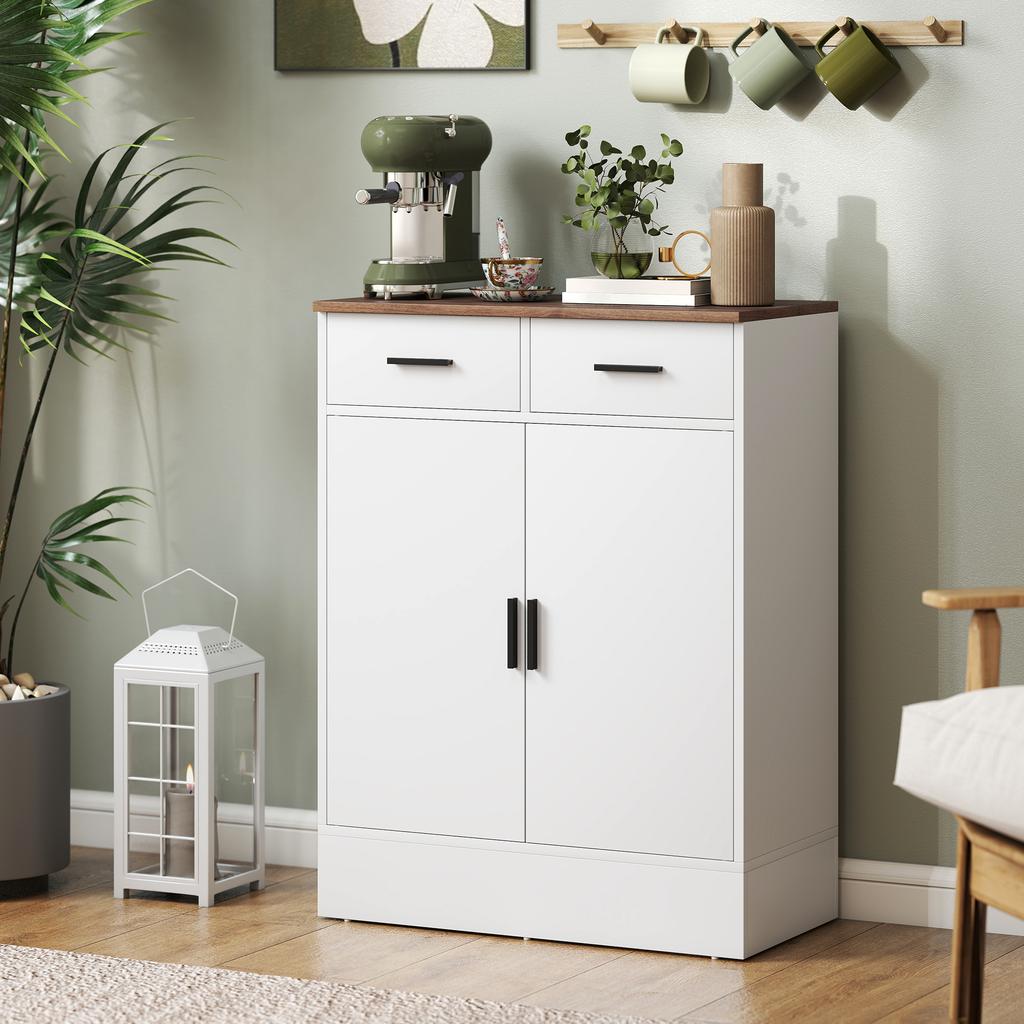 Modern Sideboard with 2 Drawers and 2-Door Cabinet, Adjustable Internal Shelf, White and Wood