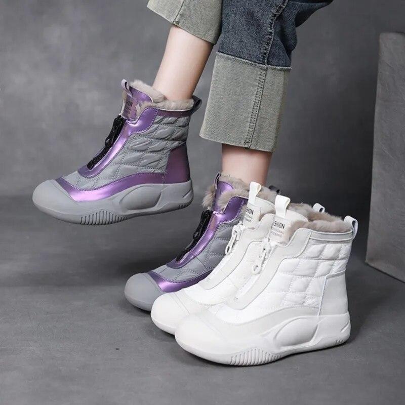 Johnature Fashion Snow Boots Women's Mixed Colors Plush Flat Shoes Casual Warm Versatile Soft Sole Short Boots