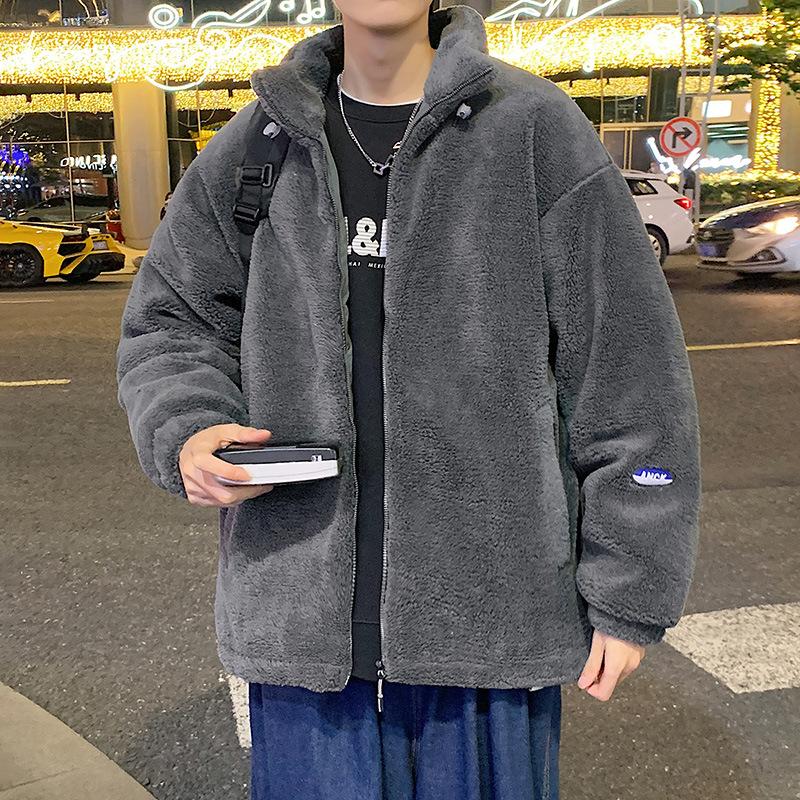 Neuer Wintermantel aus Lammsamt-Baumwolle für Herren, lockere und trendige Jacke im Hongkong-Stil, Baumwollmantel mit Stehkragen und Kordelzug für Herren