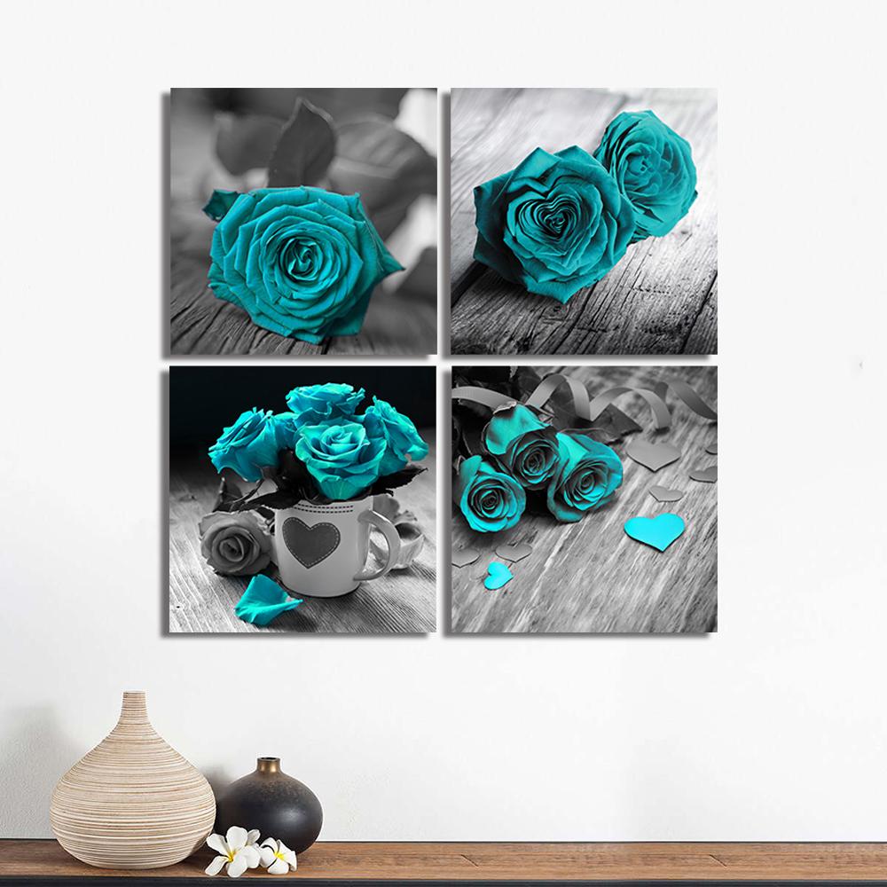 Vintage Teal Turkusowy Obraz na Ścianę Kwiat Róży Wydruki na Płótnie Obrazy Romantyczne Plakaty o Miłości do Dekoracji Sypialni Salonu Cuadros