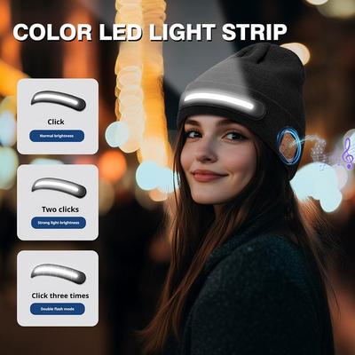 Winter LED Wireless Music Beanie Hat with Bluetooth Earphones Unisex Warm Hat Headlamp Cap Knitted Night Lighted Hat Flashlight