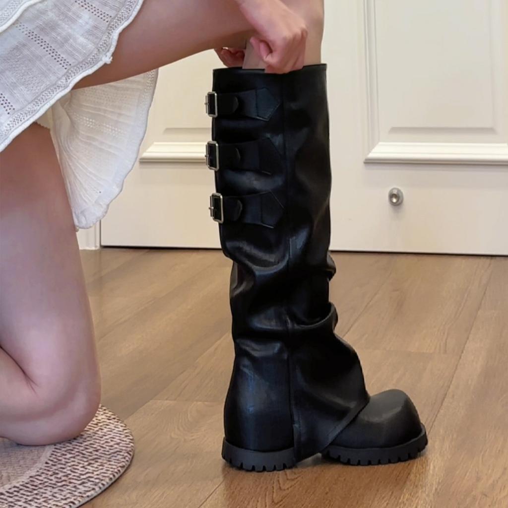 Round head belt buckle versatile thick-soled trouser tube boots long boots 2025 autumn and winter Maillard but knee thick heel piled boots