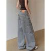 Plus size American vintage multi-pocket straight-leg workwear jeans for men and women, high street loose pleated casual wide-leg pants