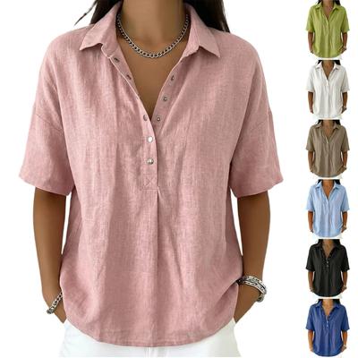 Women's Fashionable Loose-Fit Button-Down V-Neck Short-Sleeve Shirt Casual Top