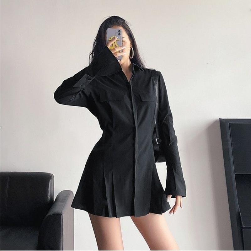 Autumn Women's Long-sleeved Shirt New A-line Shirt Black Skinny Design Sexy Dress