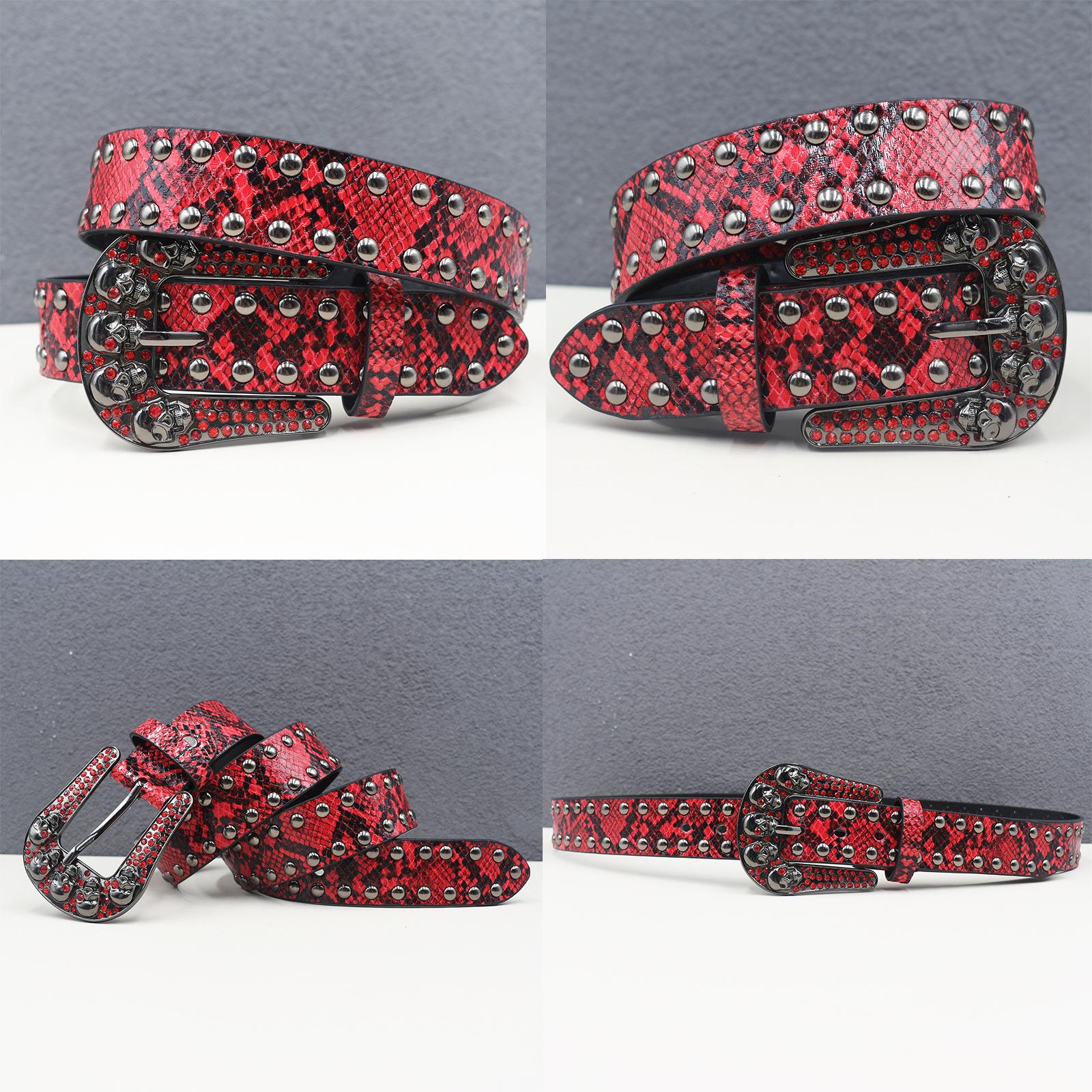 

Rhinestone Skull Belt Rivet Punk Decoration Men and Women Belt Abi Decorative Python Pattern Belt 105cm