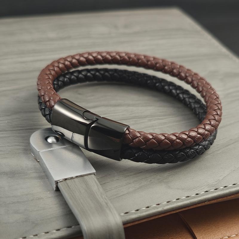 Men's Leather Bracelet with Double Tone Magnetic Buckle, High-quality Woven Bracelet Customized Handmade Accessories Wholesale