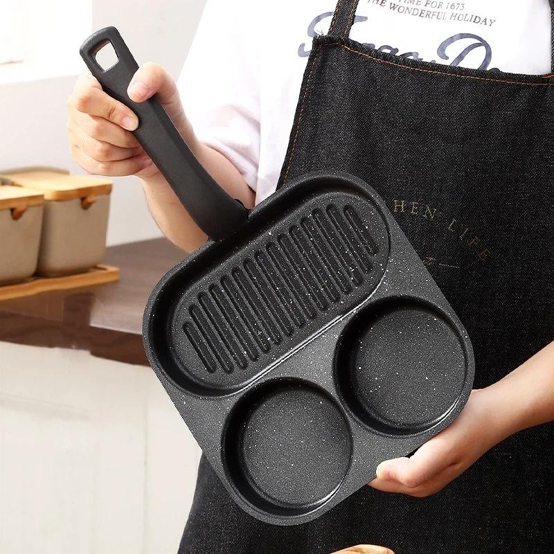 Iron Divided Egg Frying Pan Non-Stick 3/4 Section Grill Pan for Home Kitchen Breakfast Steak Cooking