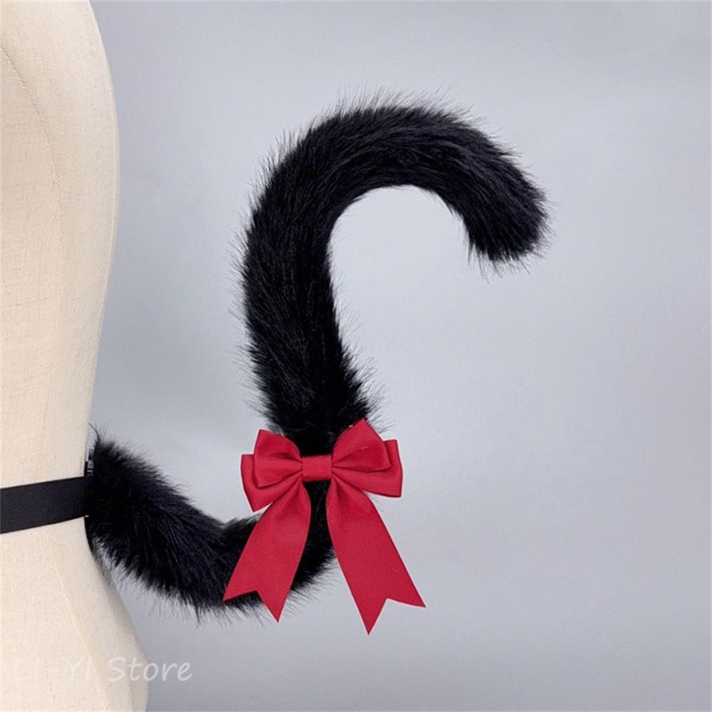 Süßer Lolita Katzenschwanz mit Schleife Maid Schleife Cos Handgemachter Plüschtier-Schwanz mit verstellbarem Gürtel Cosplay Pelziger Katzen Schwanz about 60cm