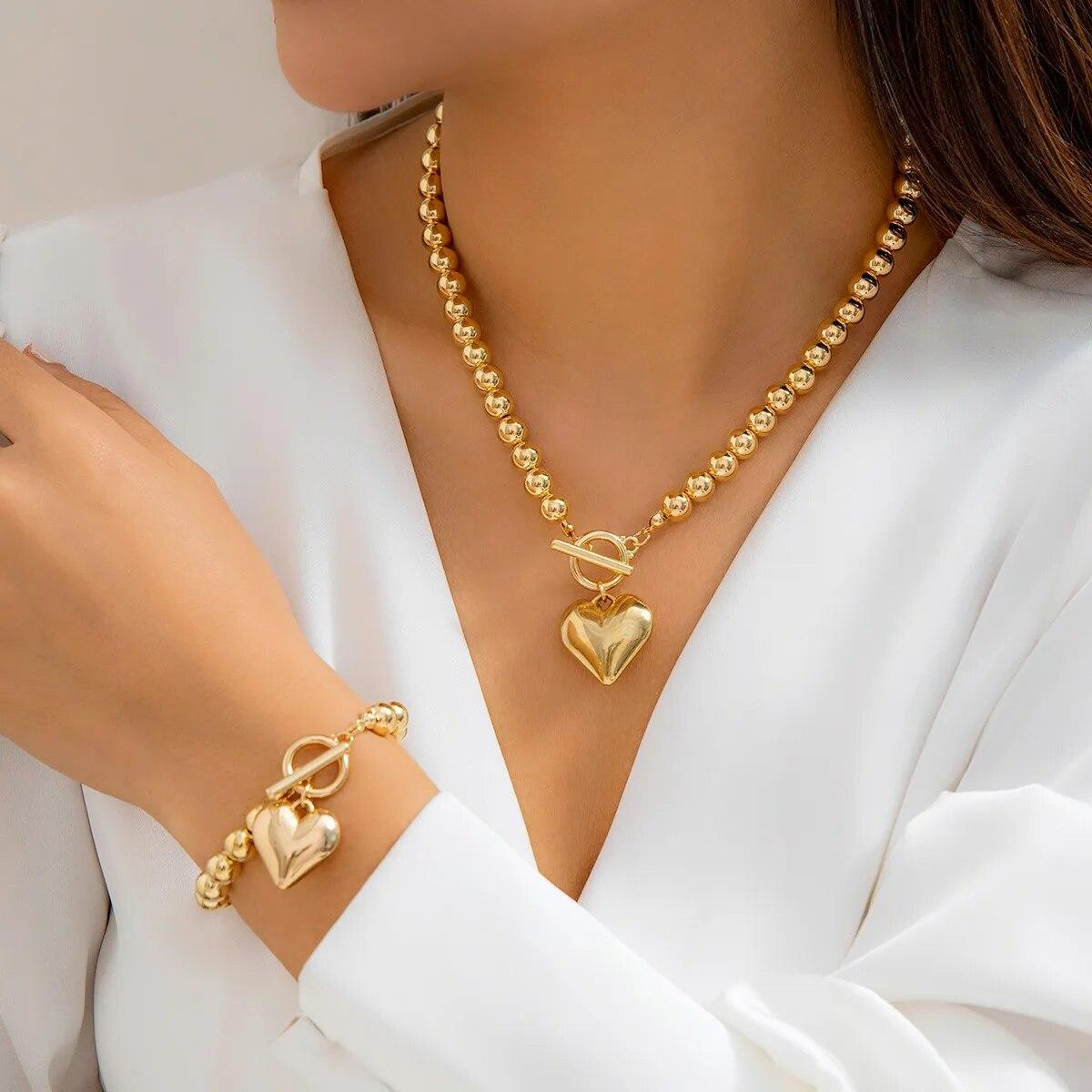 

2Pcs Luxury Gold Color Beads Heart Pendant Necklace Bracelet for Women Punk Vintage OT Buckle Choker Wedding Party Jewelry Set