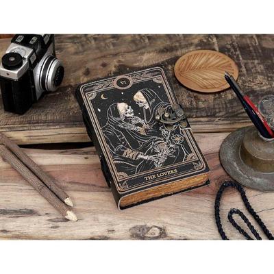 Book of Spells Leather Journal Deckle Edge Paper Grimoire Printed Journal The Lovers Tarot Notebook Spiral Gothic Notebook Skull Lover