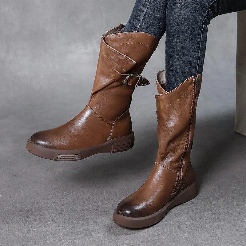 Johnature Genuine Leather Flat Mid-calf Boots For Women's Vintage Solid Color Side Zippered Boots
