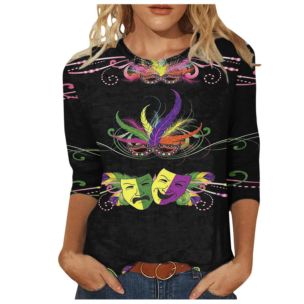 Long Sleeved Glamorous Mask Patterned Top Carnival Themed Printed Women's T-shirts