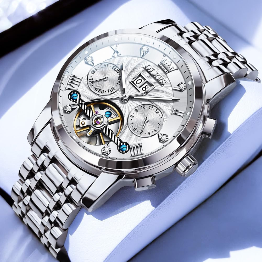 OLEVS Mechanical Automatic Moon Phase Watch Stylish Skeleton Waterproof Popular Luminous Watch for Men