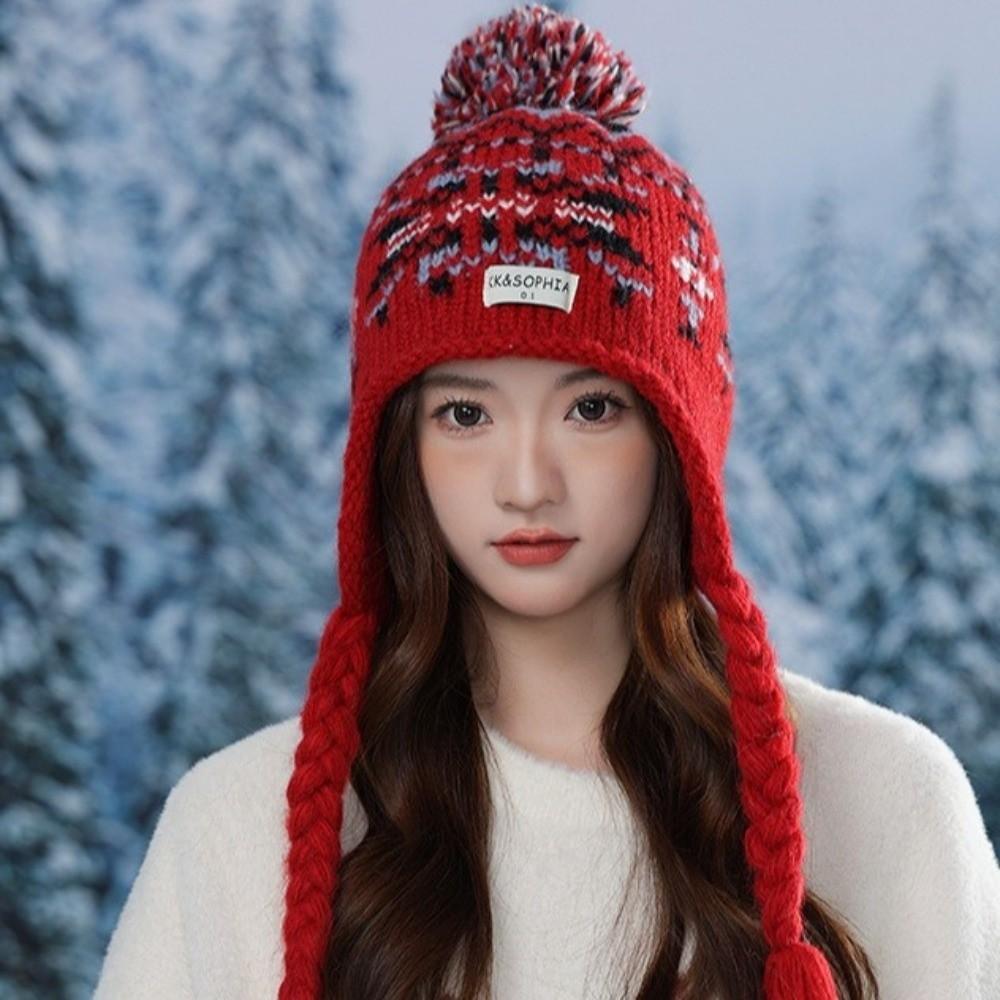 Weave Knitted Beanies Caps Jacquard Women Wool Cap Cute Ear Protection Cap  Women