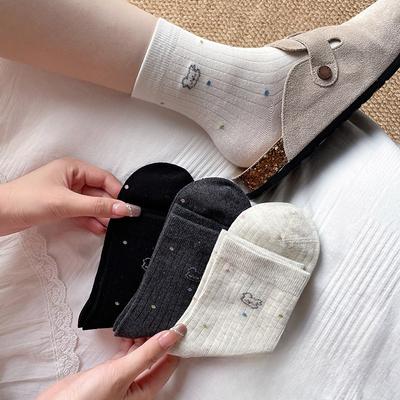 5 Paar reine Baumwollsocken für Damen Herbst und Winter Mid-Calf Cartoon Polka Dot Welpe Schweißabsorbierend und Antibakteriell Baumwolle Nahtlose Socken