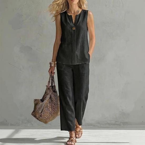 Completi da Donna in Cotone e Lino a 2 Pezzi, Top a Canotta Senza Maniche con Scollo a V e Pantaloni a Gamba Larga, Outfit Casual da Casa con Tasche
