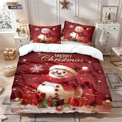 3ks Vánoční sněhulák červený potisk bezjádrová sada povlaku na přikrývku více velikostí měkké ložnicové povlečení, sváteční dekorace, pratelné v pračce