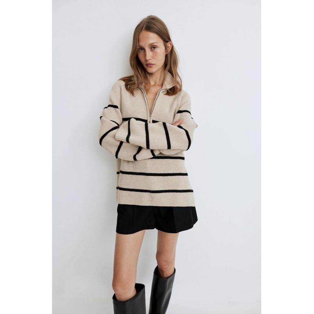

H M Zip Top Ribbed Knit Sweater ligHt Beige Stripe