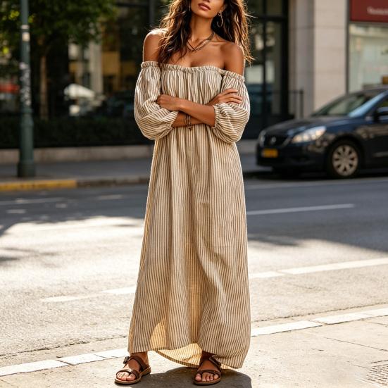 Women's Off Shoulder Maxi Dress Striped Puff 3/4 Sleeve Long Dress Summer Beach Vacation Sundress with Pockets