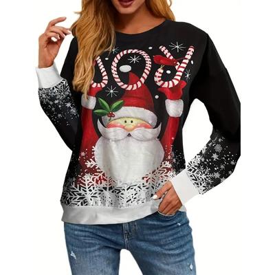 Kerst Santa Claus Print Sweatshirt, Casual Lange Mouw Ronde Hals Sweatshirt, Dameskleding