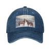 Pferde mit Schnee und Sonnenuntergangshügeln Gewaschene Jeans-Kappe Lässige Baseballkappen Verstellbarer Hut Sommer Unisex Baseballkappen
