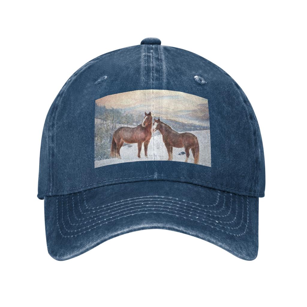 Pferde mit Schnee und Sonnenuntergangshügeln Gewaschene Jeans-Kappe Lässige Baseballkappen Verstellbarer Hut Sommer Unisex Baseballkappen