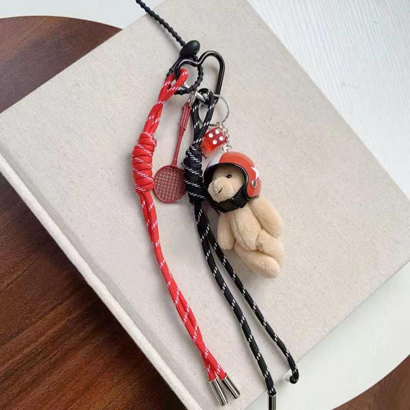 Ciondolo a forma di orso con elmetto carino, fai da te, portachiavi per auto, decorazione con corda intrecciata, appeso, portachiavi per cellulare, borsa, accessori
