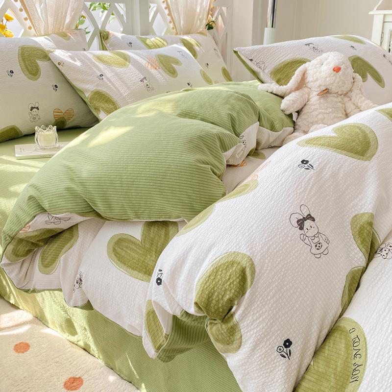 Class A Maternal Infant Grade Small Fresh Super Soft Bubble Cotton 4-Pcs Set Washed Cotton Quilt Cover Dormitory 3-Pcs Set Bed Hat