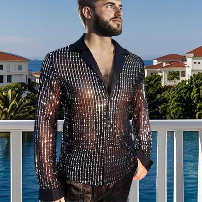 Heren Pailletten Glitter Shirt Lange Mouw Revers Knoopsluiting Disco Shirt Retro Sexy Dunne Shirts voor Bar Dansen Nachtclub Disco Feest