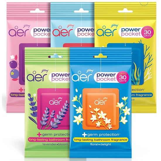 Godrej Aer Power Pocket | Lufterfrischer – Badezimmer und Toilette | Hält bis zu 30 Tage | Sortierte Packung mit 5 Stück (50 g) & Smart Matic Nachfüllpackung | Leidenschaft (225ml)