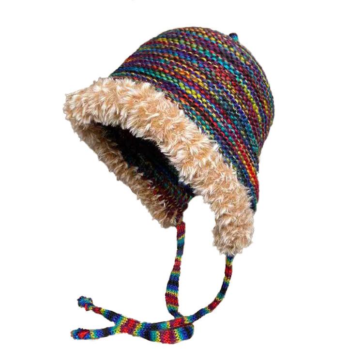 Autumn and Winter Rainbow Color Striped Ear Protector Wool Hat Women's Face Small Lace-up Contrasting Color Bag Head Knitted Hat