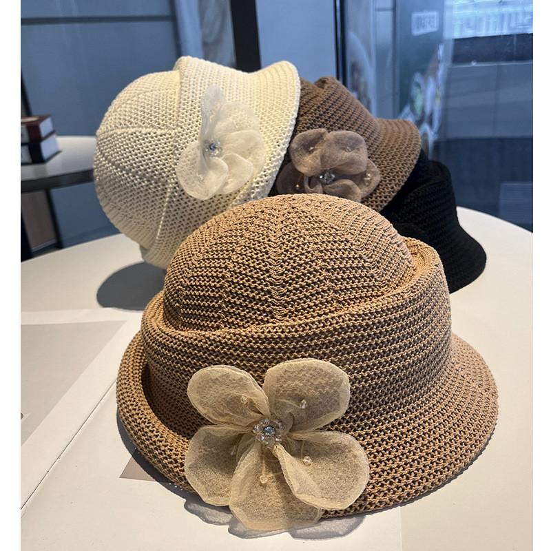 Summer Flower Pattern Knit Bucket Hat With Sun Protection For Outdoor Casual Wear